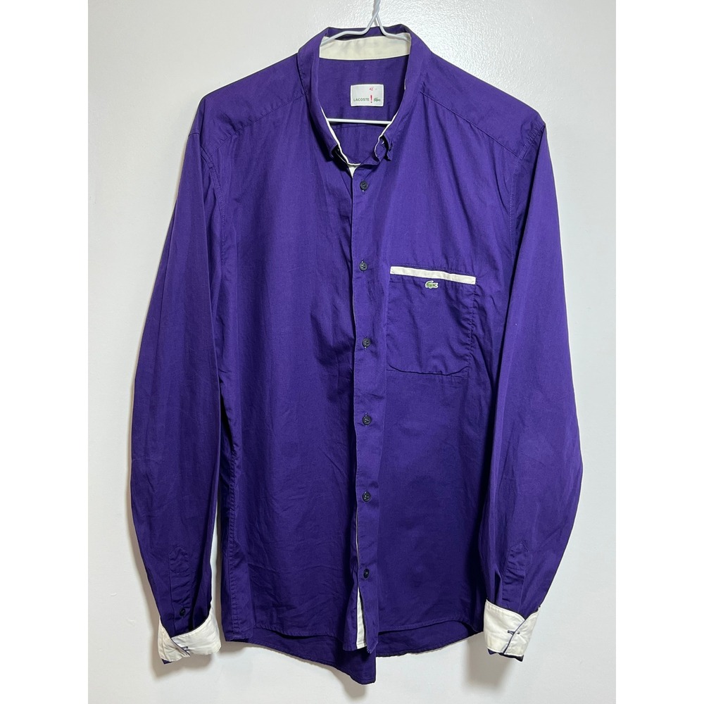 Lacoste Mens Purple Button Down Shirt Long Sleeve Cotton Poplin Size 42 L